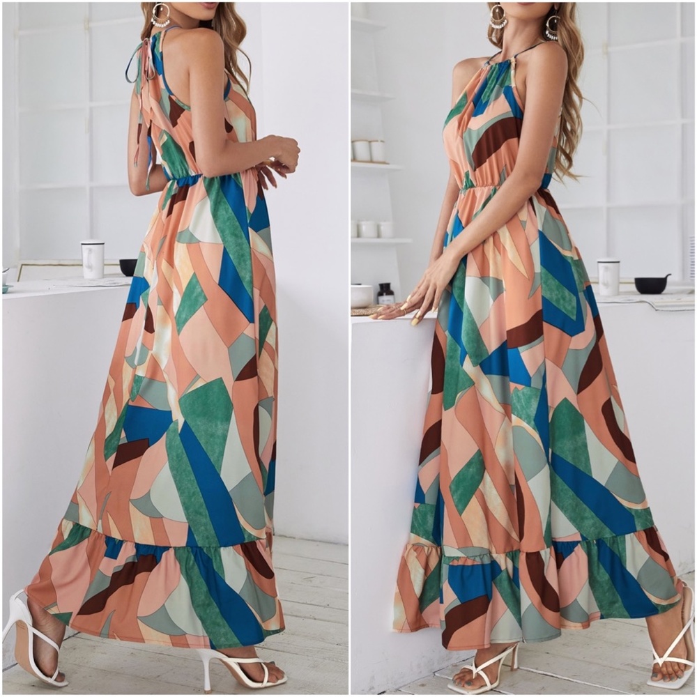 Boho Multicolor Ruffle Hem Halter Maxi Dress Blue - Picture 2 of 4
